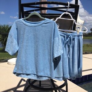 Beach Break Light Blue Terry Cloth Short Sleeve Top & Drawstring Shorts Set SZ S